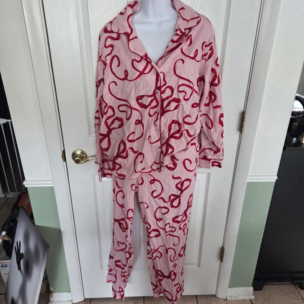 Joyspun Womens Pink Red Ribbon Bow Pajama Set Size L 12-14 Button Down Sleepwear